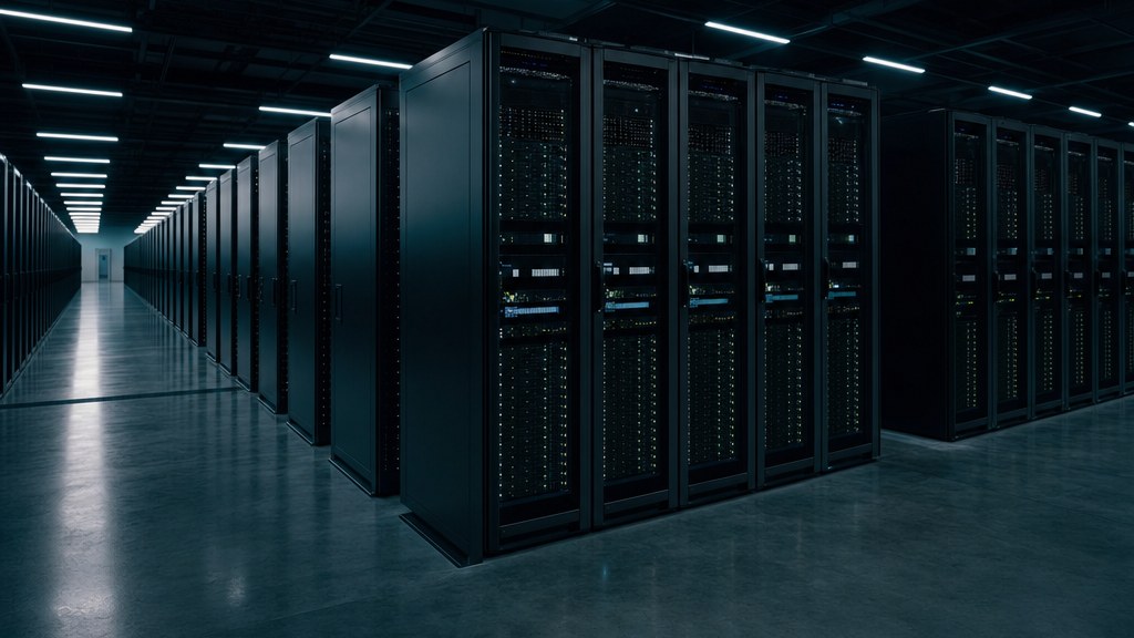 A financed datacenter hall — rows of racks under cyan light